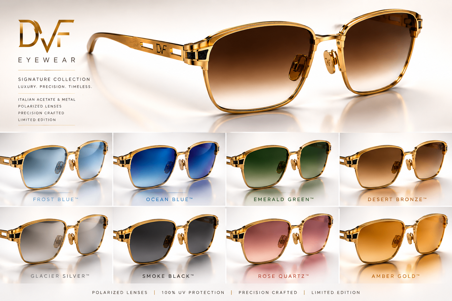 DVF Signature metal collection board with multiple lens colorways