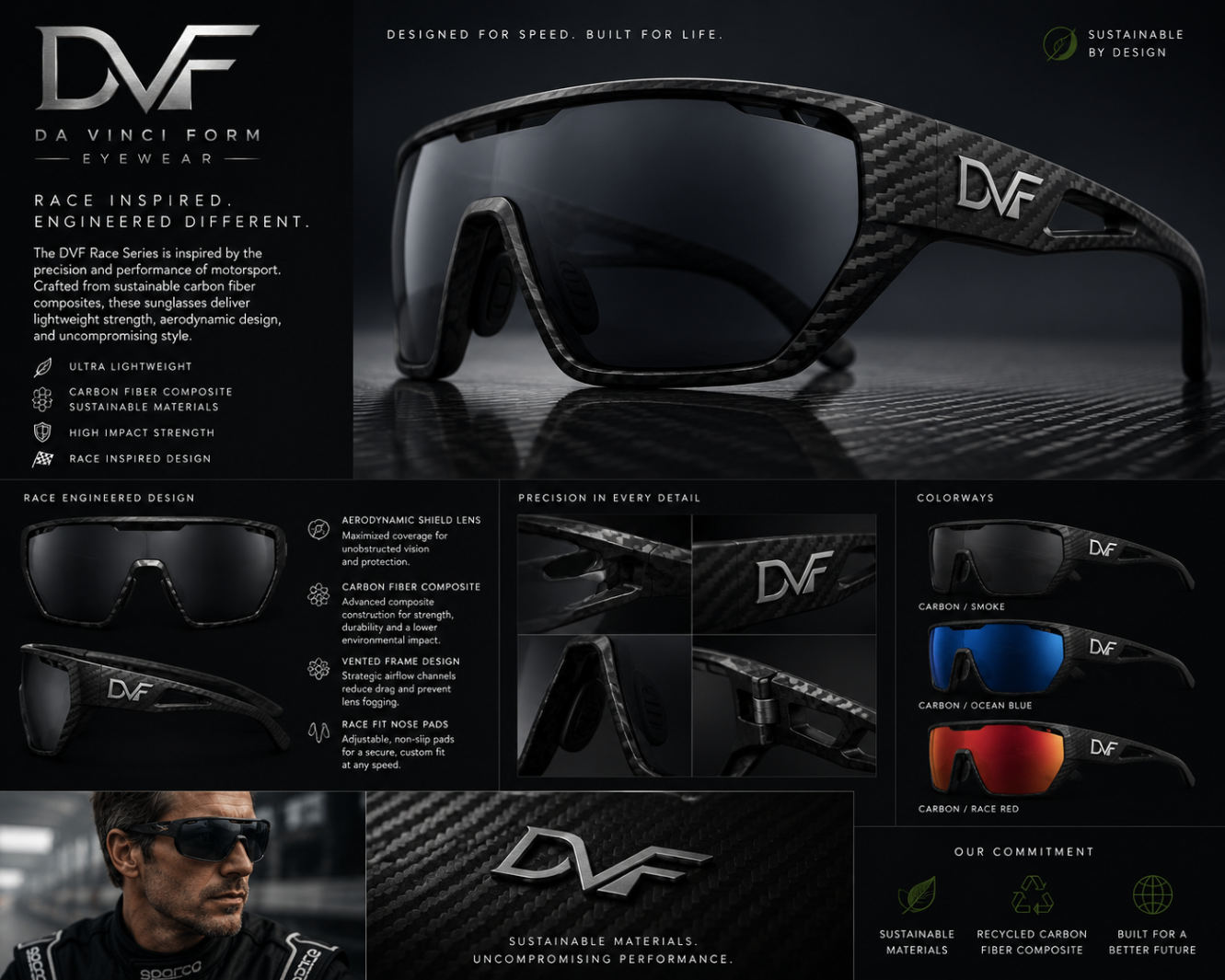 DVF Race Series collage showing carbon-fiber performance sunglasses and detail views